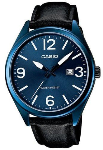 Casio Mens Blue IP Leather Strap Fashion Analog Watch
