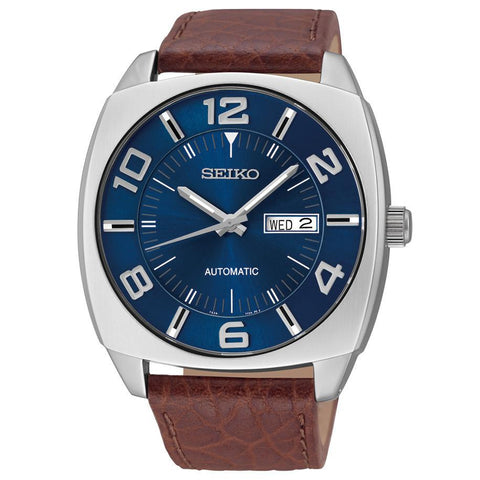 Seiko Mens Blue Dial Brown Leather Strap Automatic Watch