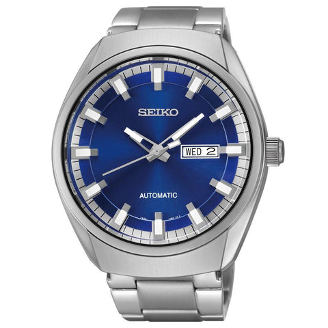 Seiko Mens Silver Tone Blue Dial Automatic Calendar Watch