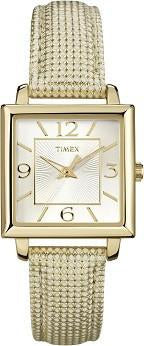 Timex Women's Gold-Tone Square Watch with Metallic Leather Band